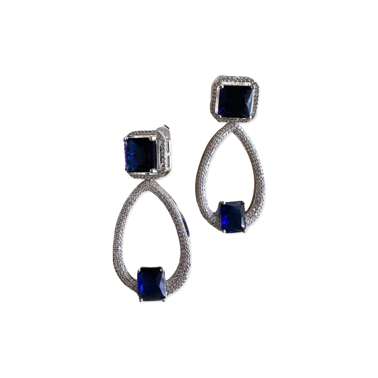Serena Teardrop Earrings with Square-Cut Blue Crystals – Silver Finish