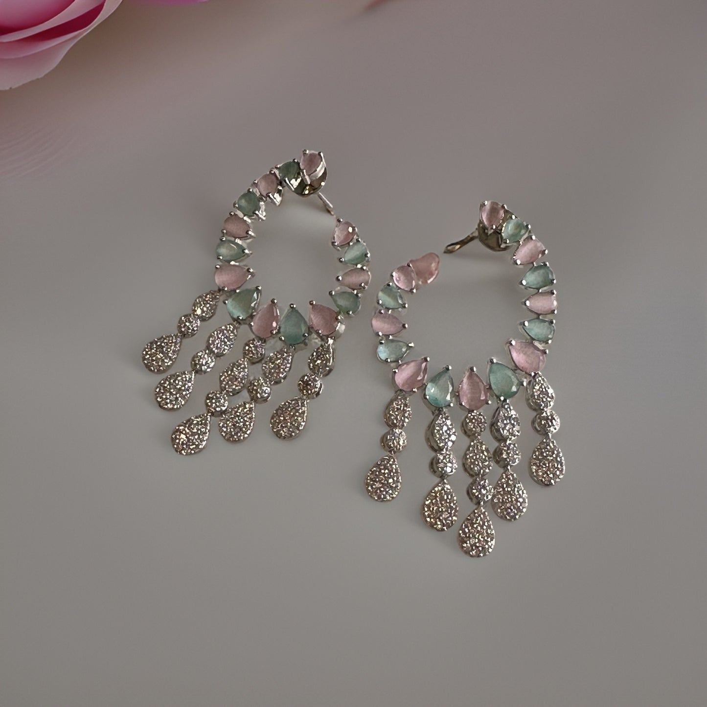 Rosé Mist Chandelier Earrings |
Pastel Crystal Chandelier Earrings with Pink & Mint Stones – Silver Finish