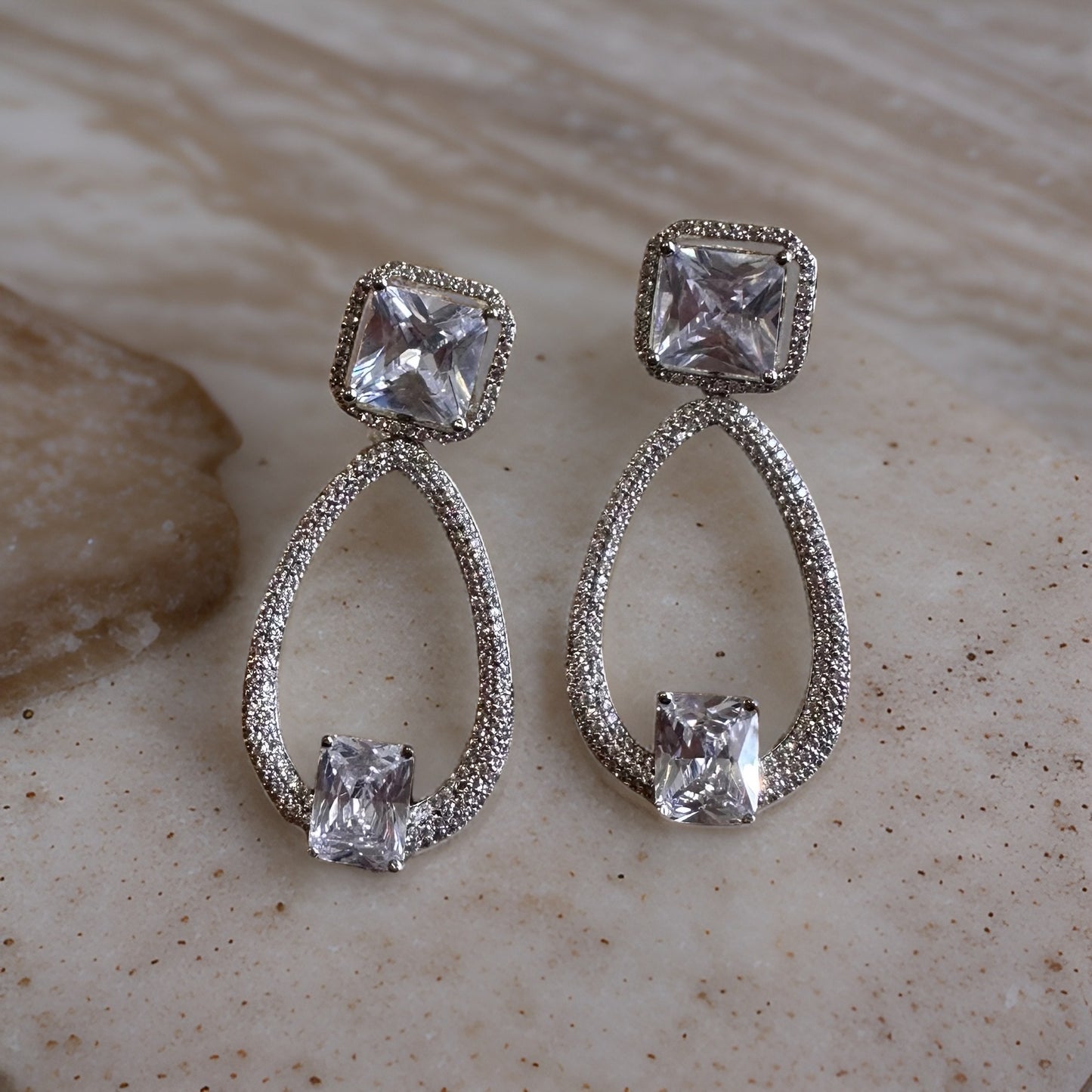 Serena Teardrop Earrings |
Square-Cut Crystal Teardrop Earrings in Silver Finish