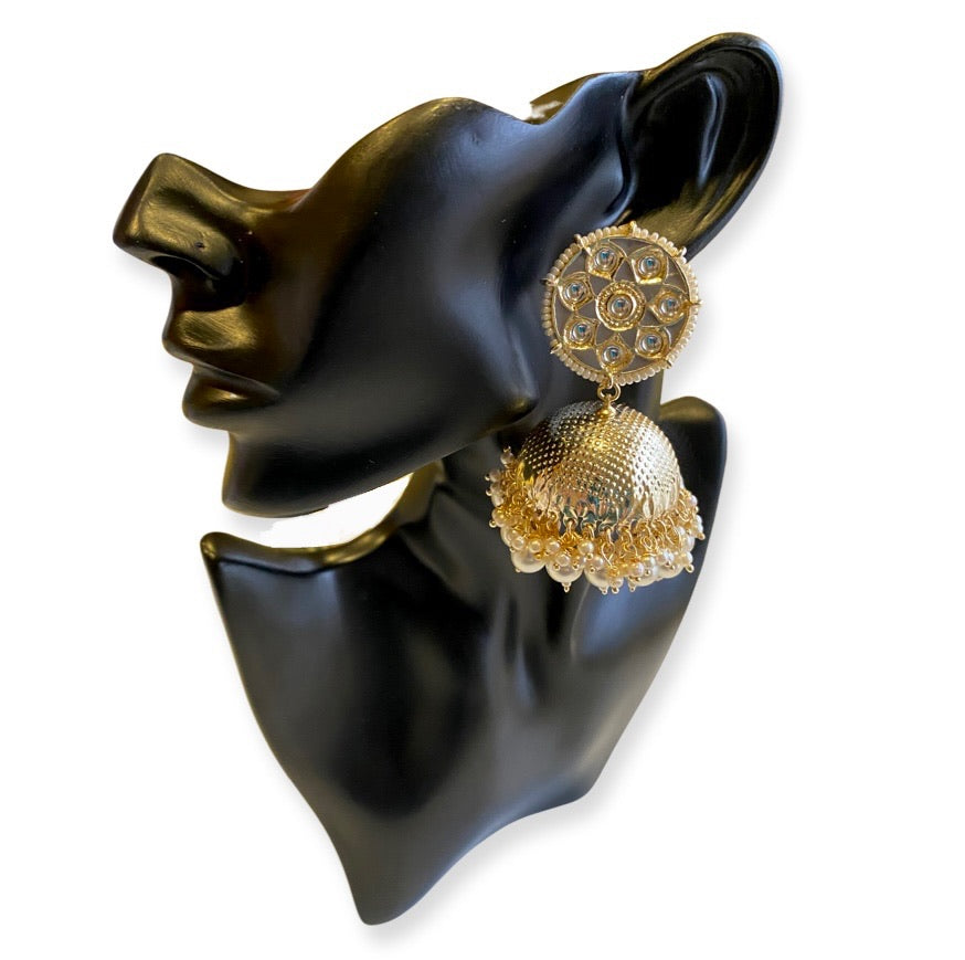 Chakra Enamel, Kundan & Pearl Jhumka Earrings - Grey