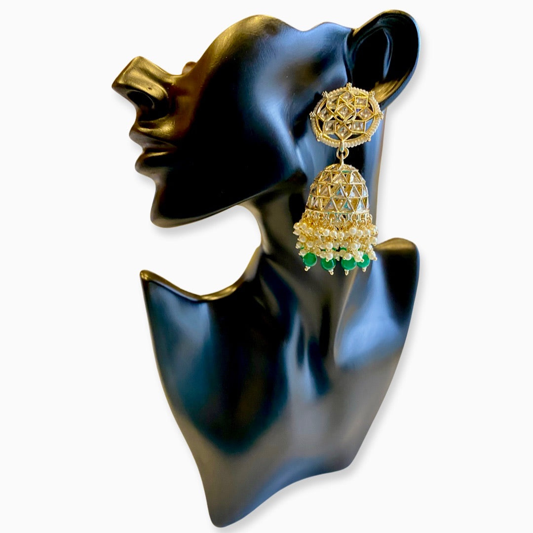 Nakshatra Kundan & Beads Large Jhumka Earrings - Green