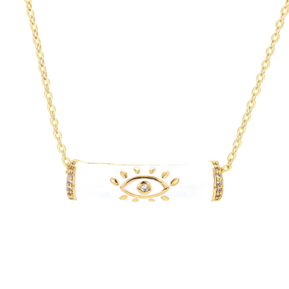 Bamboo Evil Eye Enamel Pendant Chain Necklace White