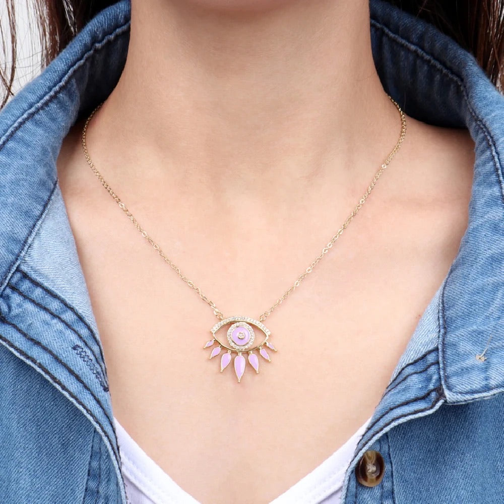 Petra Purple Evil Eye Enamel And Stone Pendant Chain