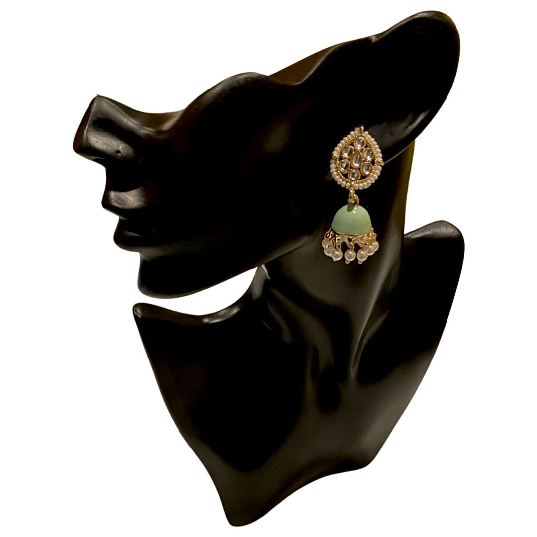 Paan Enamel, Kundan & Pearl Jhumka Earrings - Mint Green