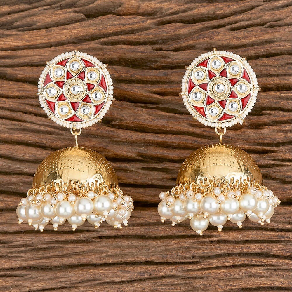 Chakra Enamel, Kundan & Pearl Jhumka Earrings - Red