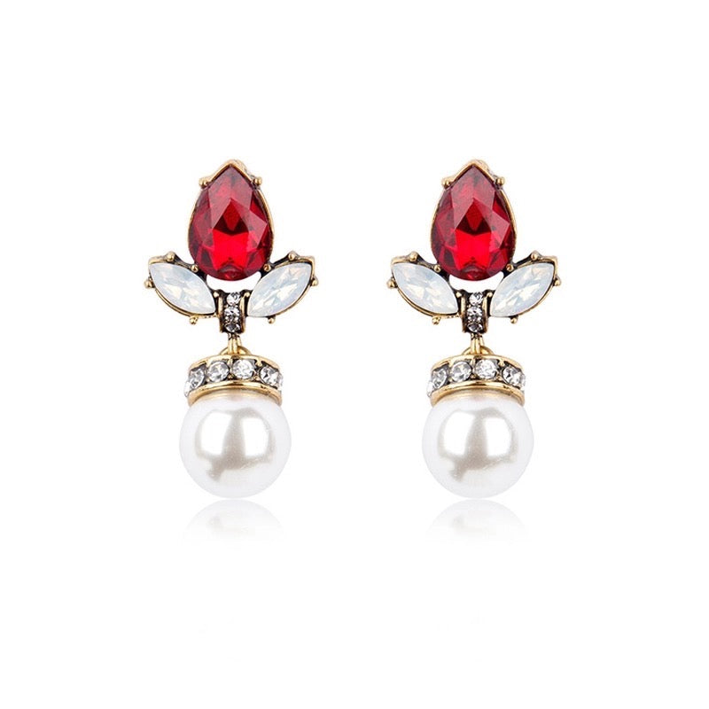ANASTASIA PEARL DROP CRYSTAL STUD EARRING RED