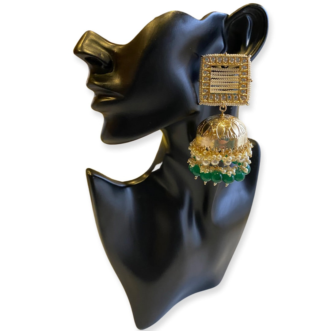 Moti Square Net Big Jhumkas - Green