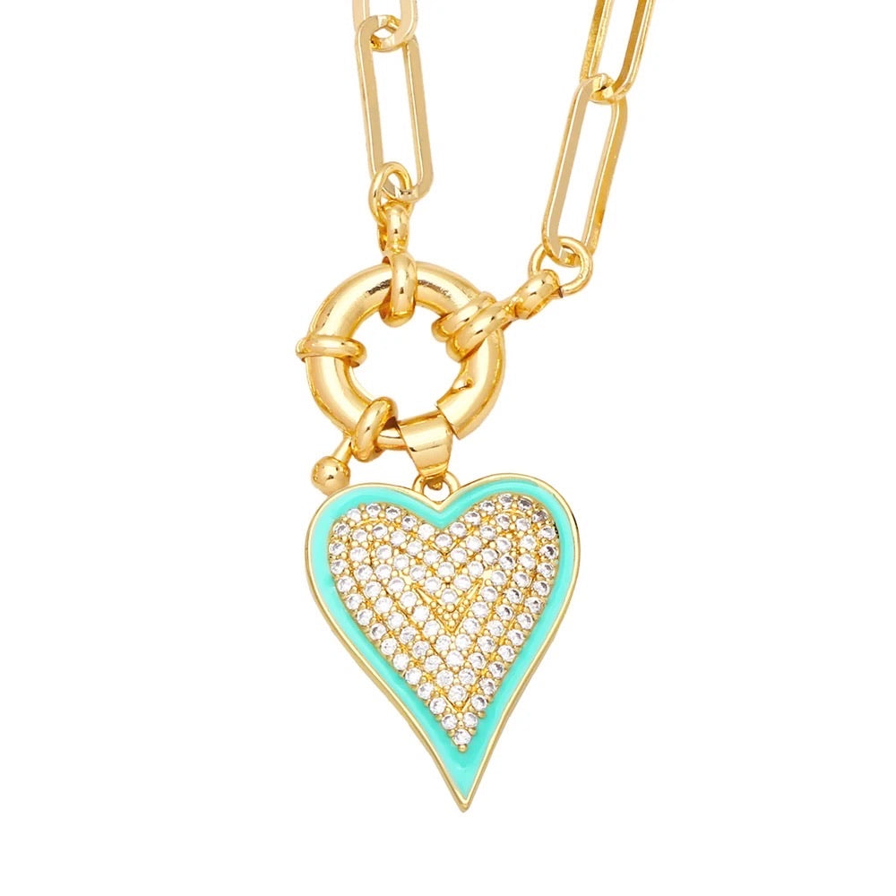 Enamel Heart Of Stone Link Chain Pendant Necklace