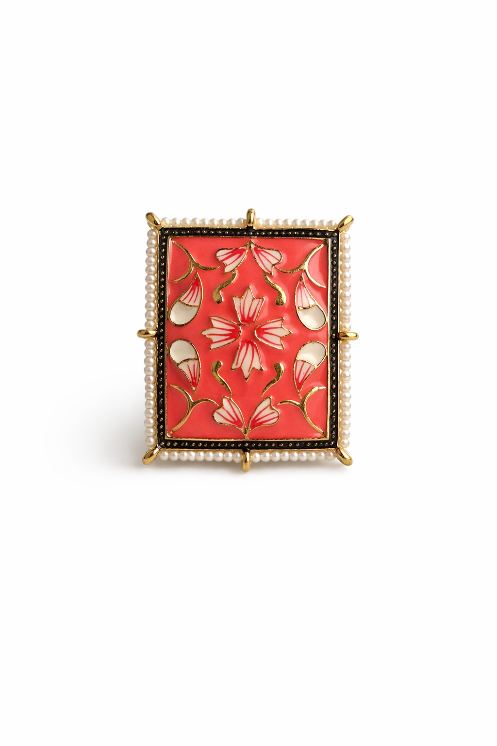 Meher Coral Inlay Enamel Adjustable Ring with Pearl Border | The Glocal Trunk