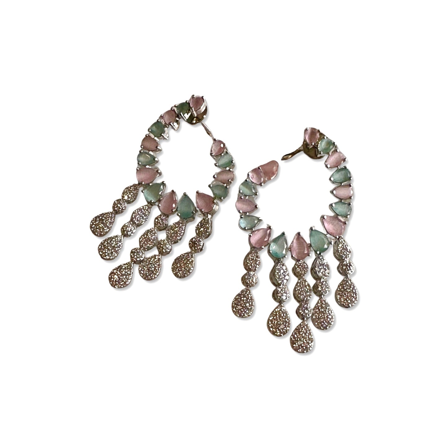 Rosé Mist Chandelier Earrings |
Pastel Crystal Chandelier Earrings with Pink & Mint Stones – Silver Finish