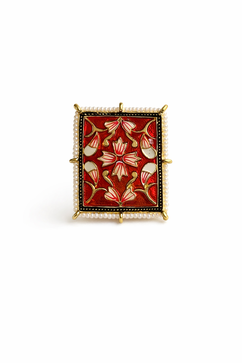 Meher Emerald Inlay Enamel Adjustable Ring with Pearl Border | The Glocal Trunk