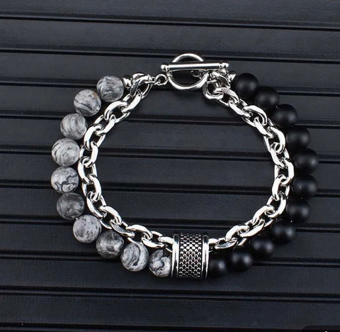 Cuban Steel Link and Beads Bracelet -  Grey