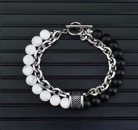Cuban Steel Link and Beads Bracelet - White