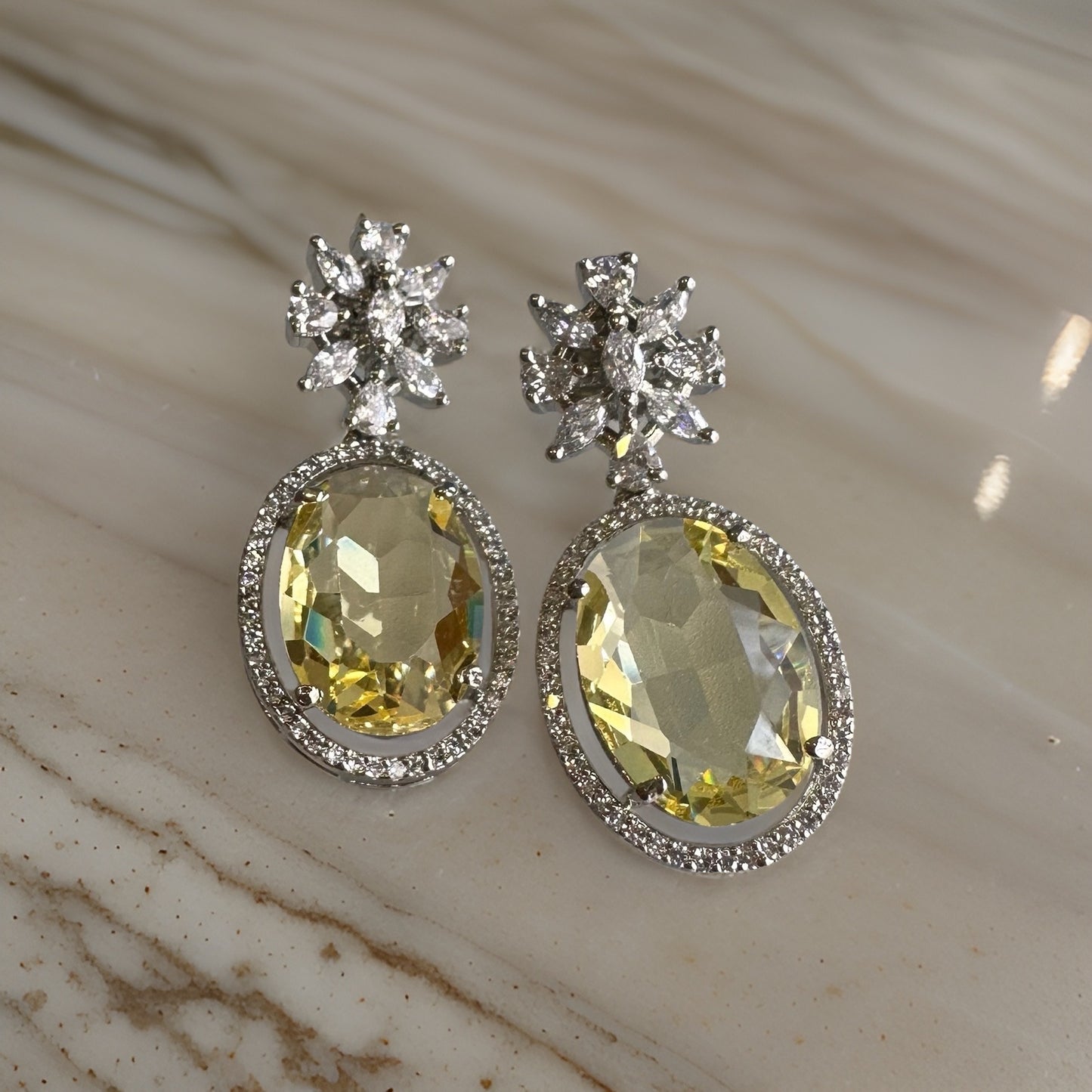 Divine Stone Drop CZ Earrings -  Pale Yellow