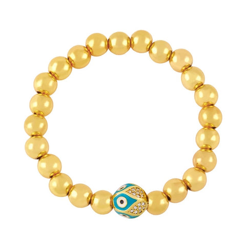Positivity Gold Beads, Enamel and Stone Evil Eye Stretch Bracelet Blue