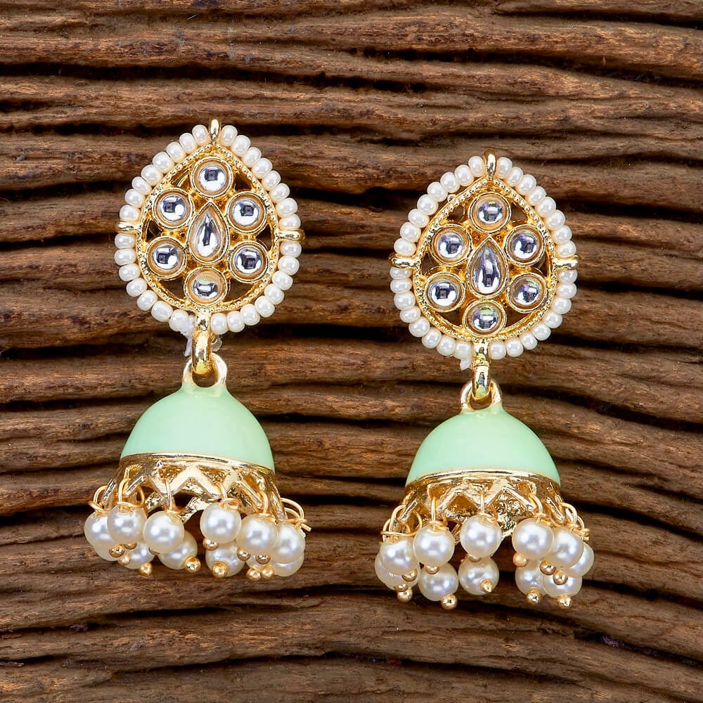 Paan Enamel, Kundan & Pearl Jhumka Earrings - Mint Green