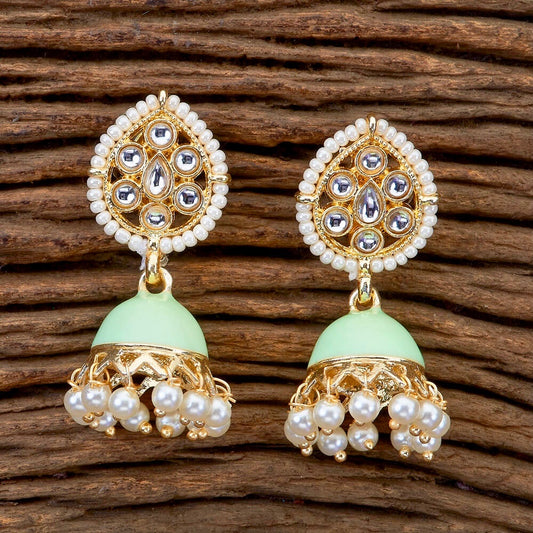 Paan Enamel, Kundan & Pearl Jhumka Earrings - Mint Green
