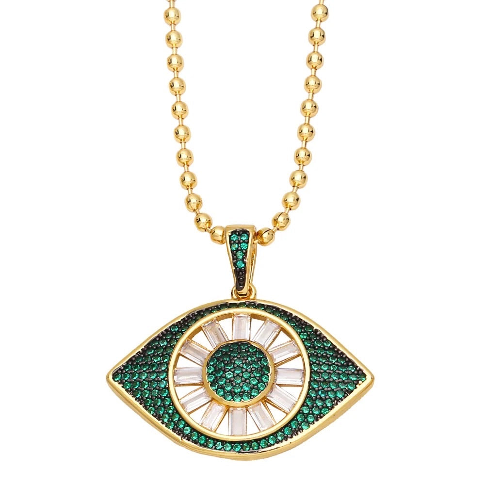 Opulence Green Evil Eye Stone Pendant Chain Necklace