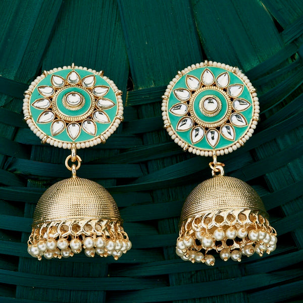 Aks Enamel, Kundan & Pearl Jhumka Earrings - Turquoise