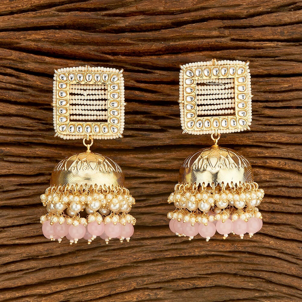 Moti Square Net Big Jhumkas - Light Pink