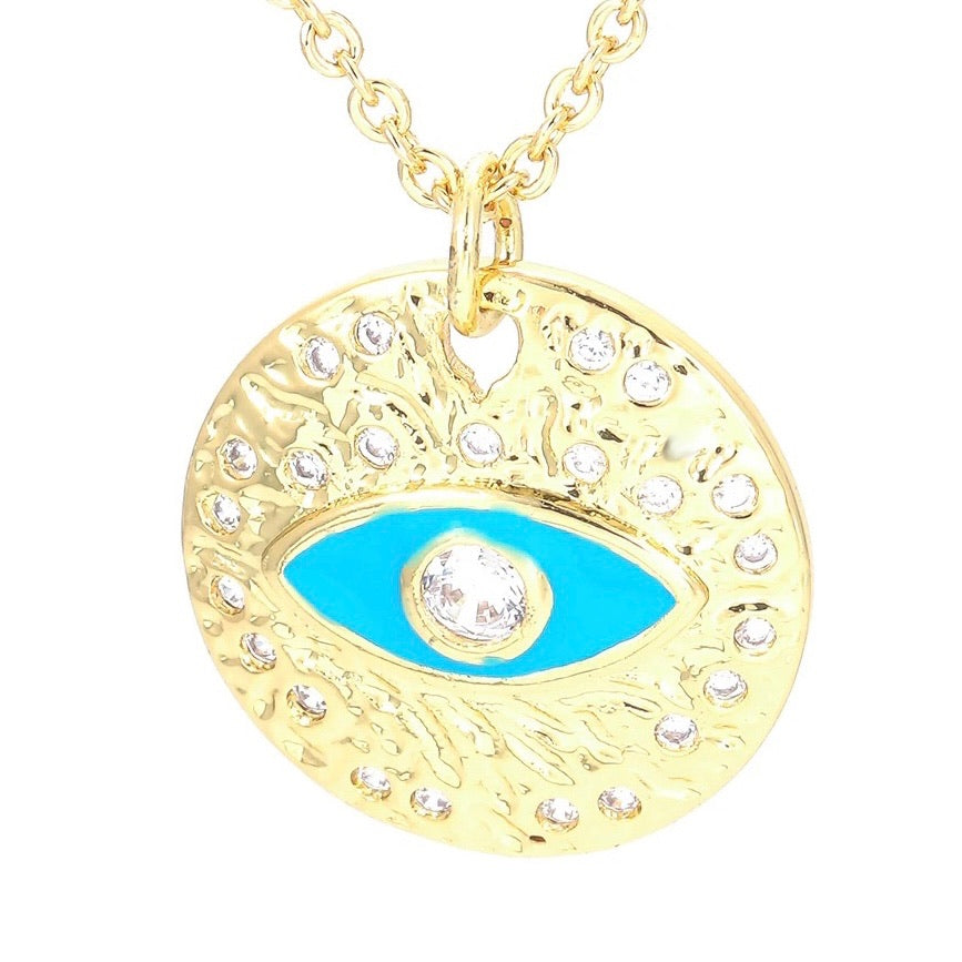 Ocean Enamel Evil Eye Pendant Chain Necklace Blue