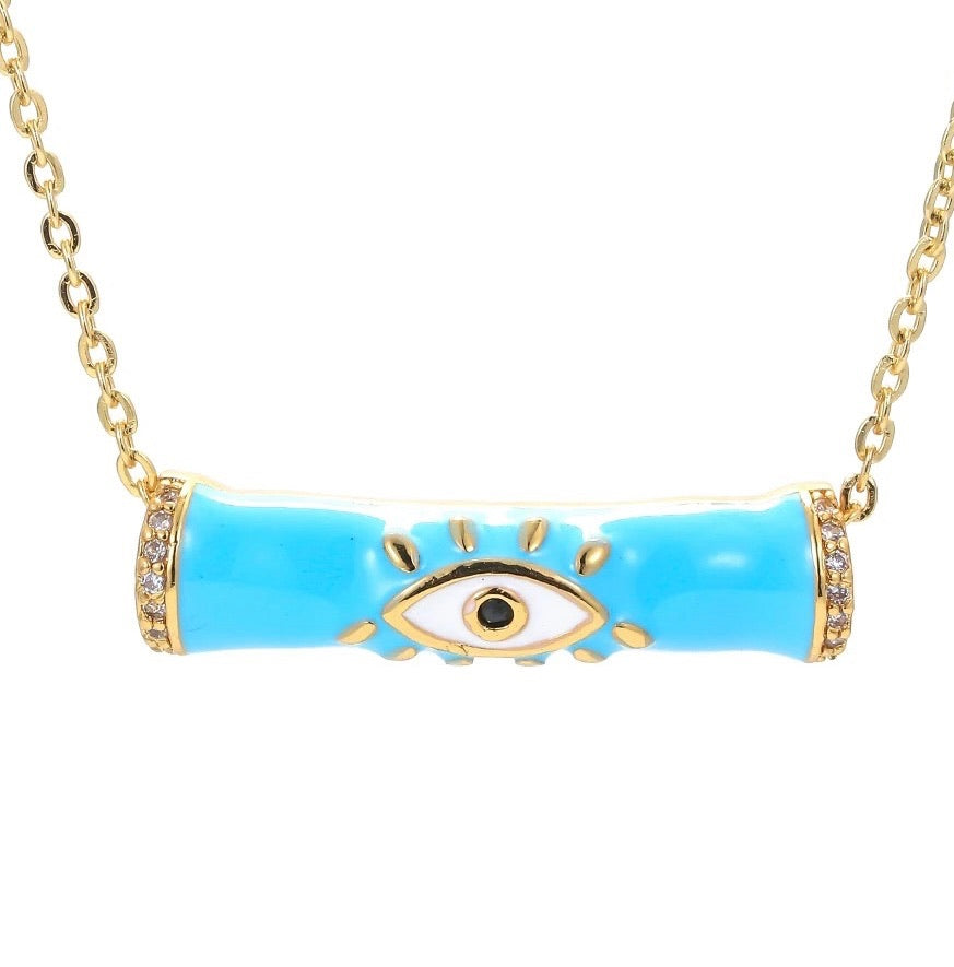 Bamboo Evil Eye Enamel Pendant Chain Necklace Light Blue
