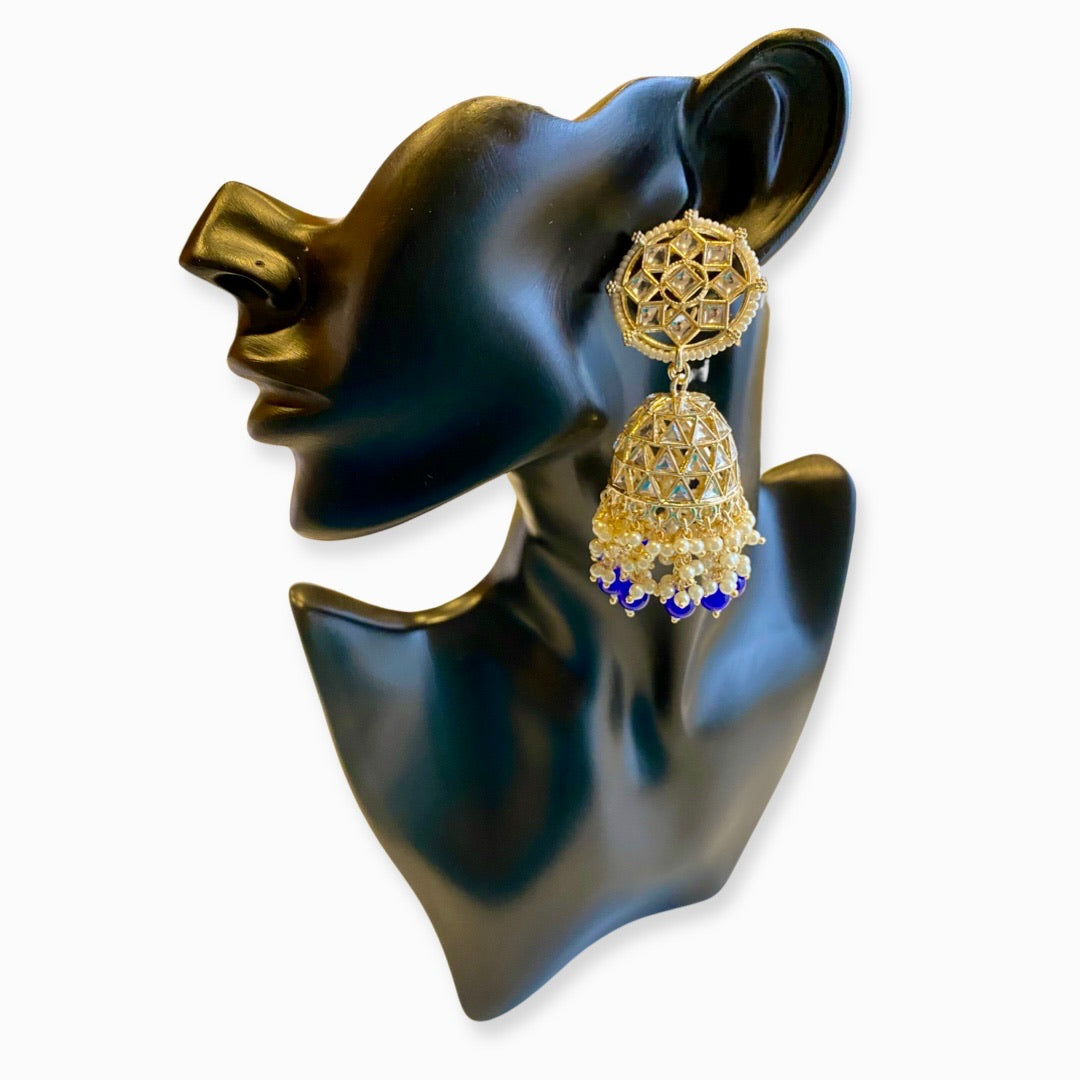 Nakshatra Kundan & Beads Large Jhumka Earrings - Blue