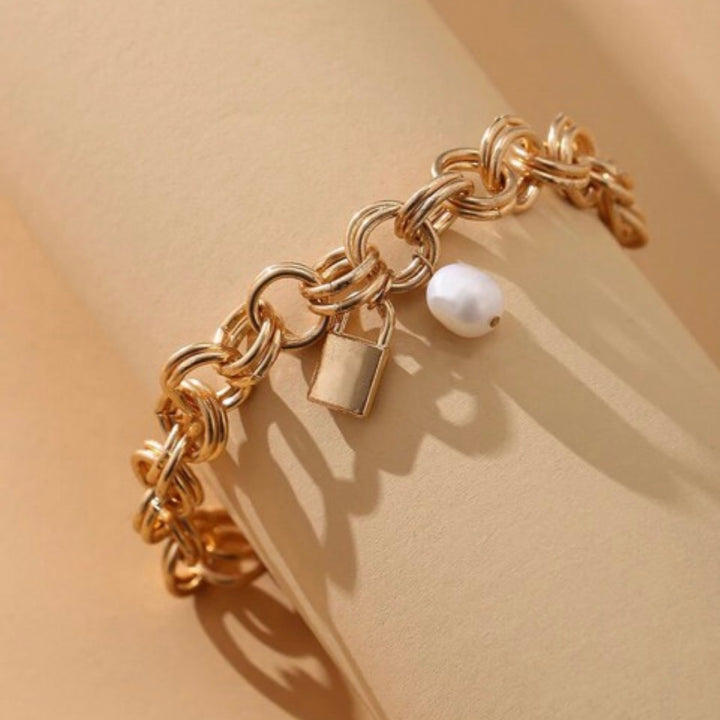 Lock and Pearl Chunky Link Bracelet