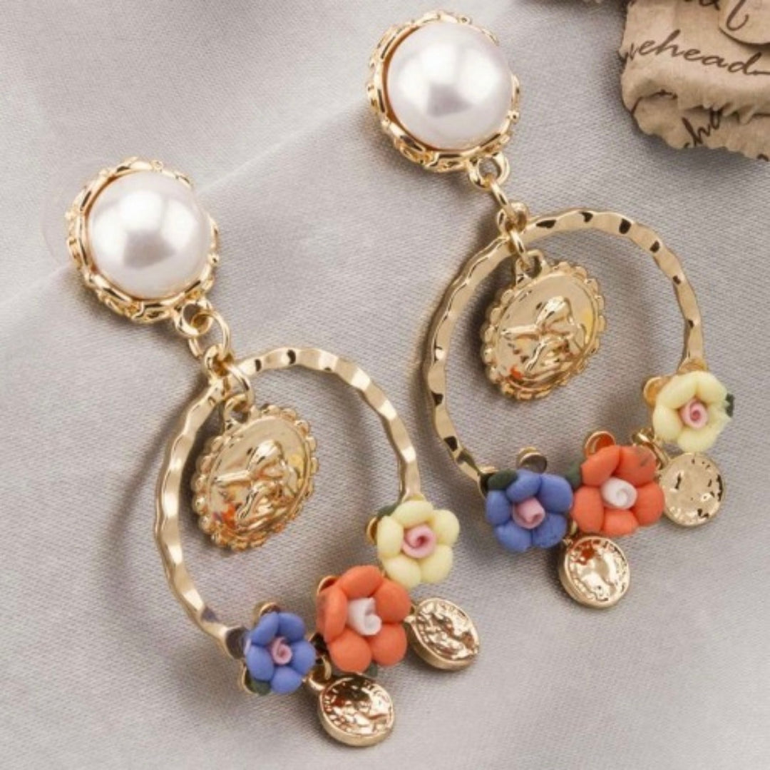 Floral Coin Multicoloured Stone Dangler Earrings