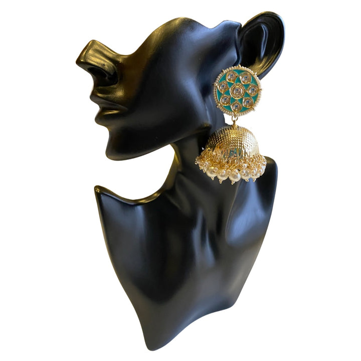 Chakra Enamel, Kundan & Pearl Jhumka Earrings - Turquoise