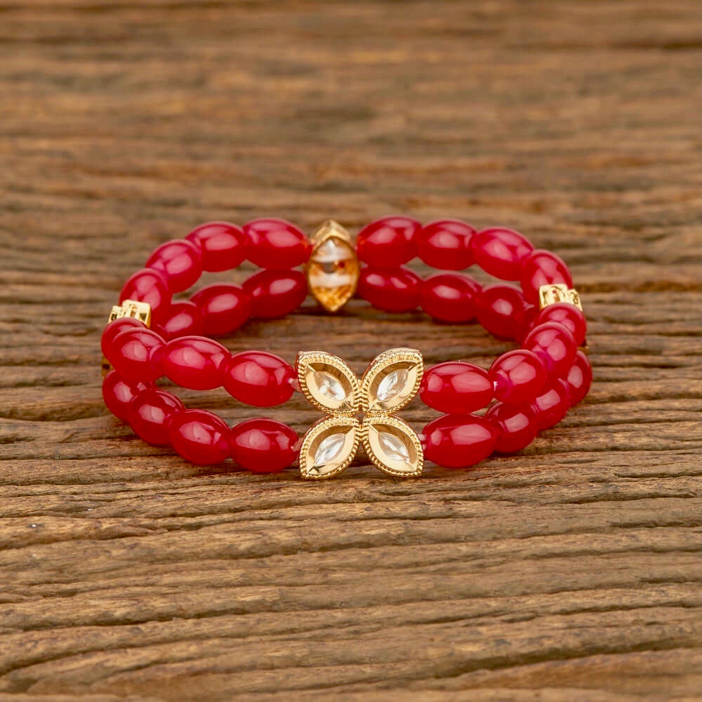 Dhanak Bead & Kundan Flower Bracelet - Red