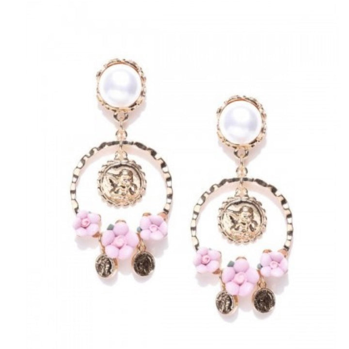 Floral Coin Pink Stone Dangler Earrings