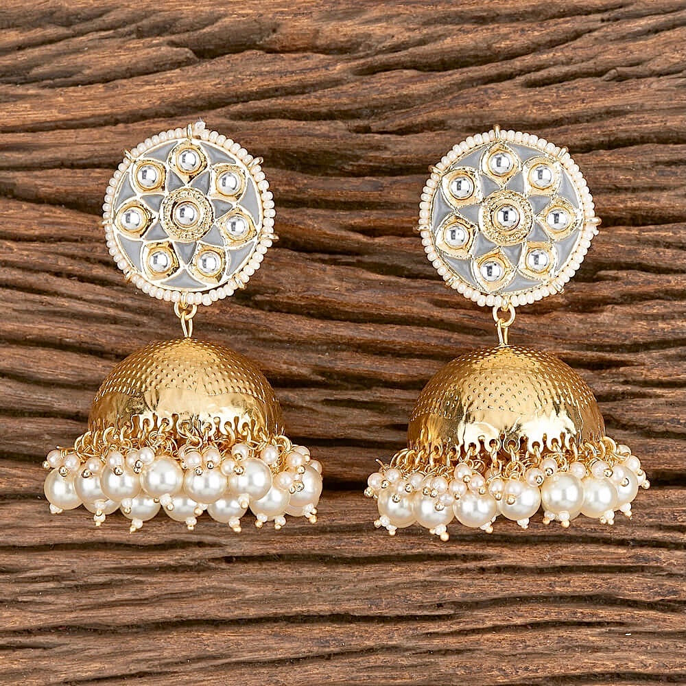 Chakra Enamel, Kundan & Pearl Jhumka Earrings - Grey