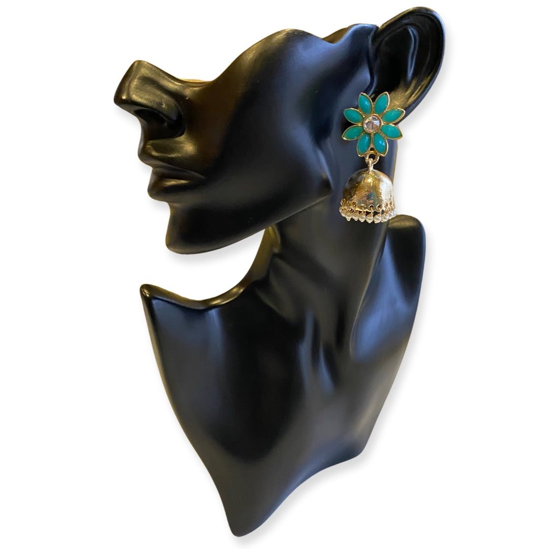 Stone Flower & Pearls Small Jhumka Earrings - Turquoise