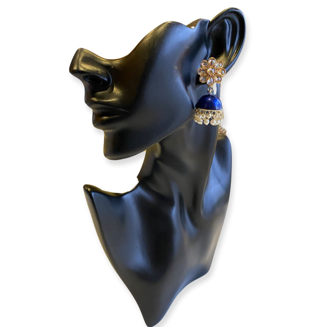 Flora Enamel, Stone & Pearls Small Jhumka Earrings - Blue