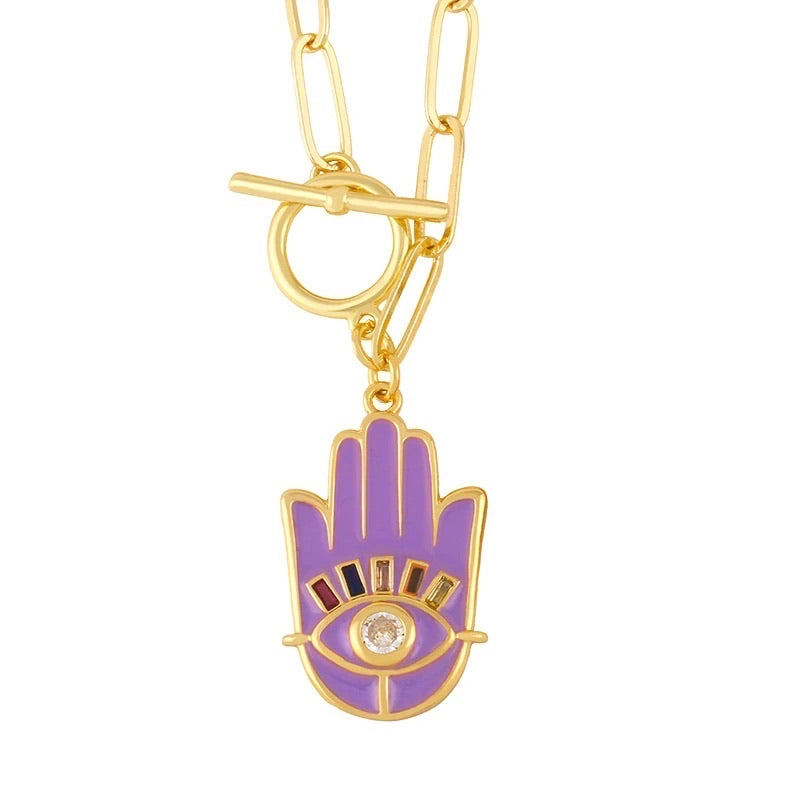 Hamsa Evil Eye Soul Link Necklace Purple