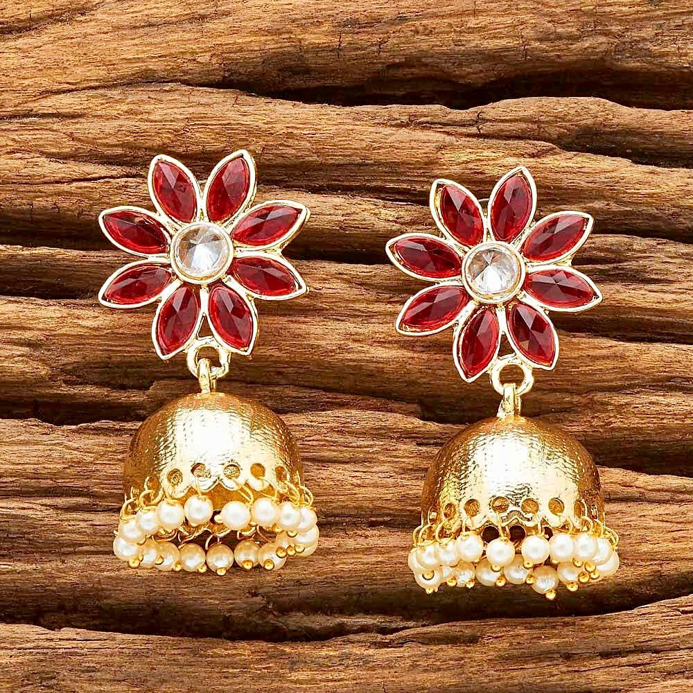 Stone Flower & Pearls Small Jhumka Earrings - Red