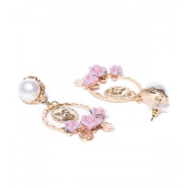 Floral Coin Pink Stone Dangler Earrings