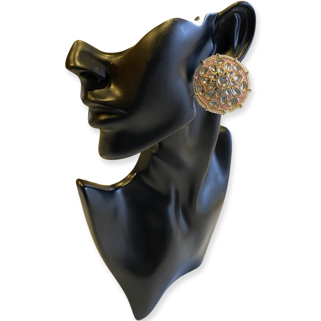 Chakra Enamel, Kundan & Pearl Stud Earrings - Light Pink