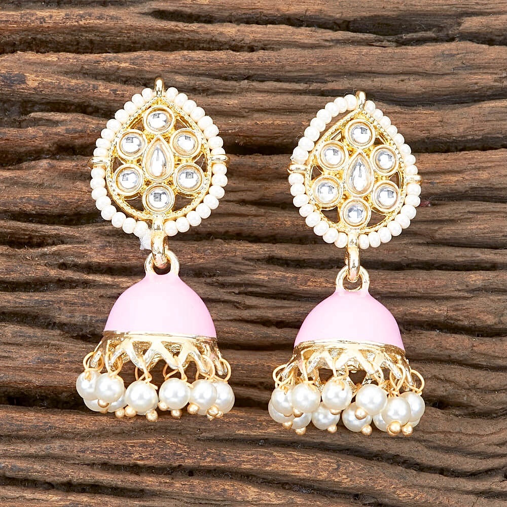 Paan Enamel, Kundan & Pearl Jhumka Earrings - Light Pink