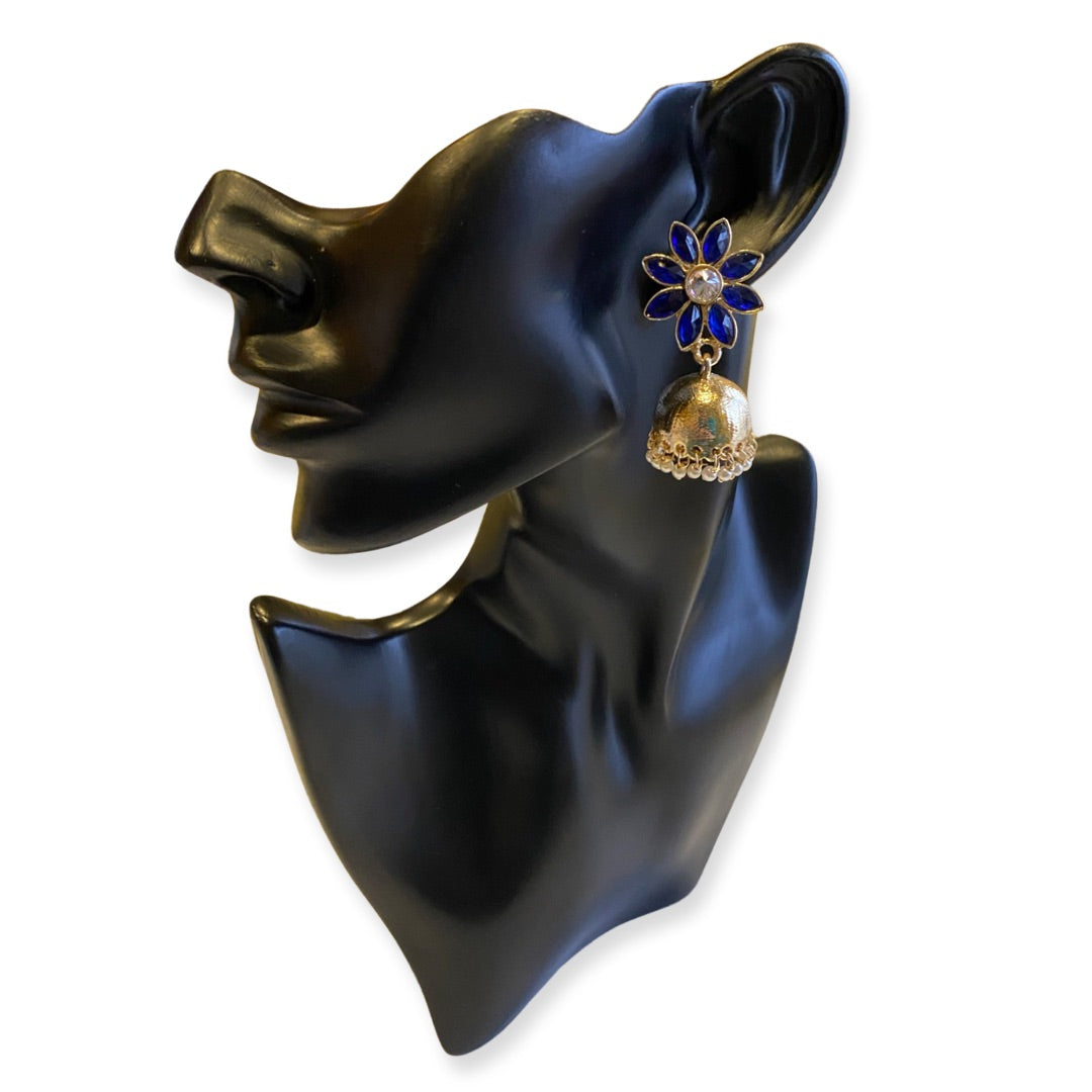 Stone Flower & Pearls Small Jhumka Earrings - Dark Blue