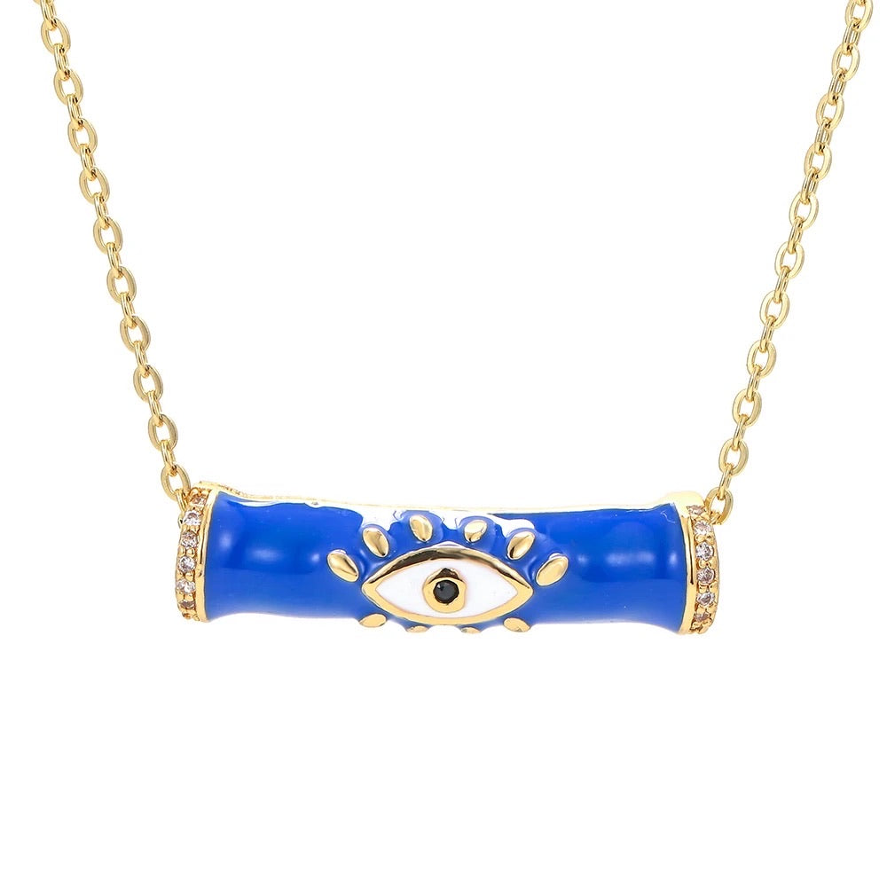 Bamboo Evil Eye Enamel Pendant Chain Necklace Blue