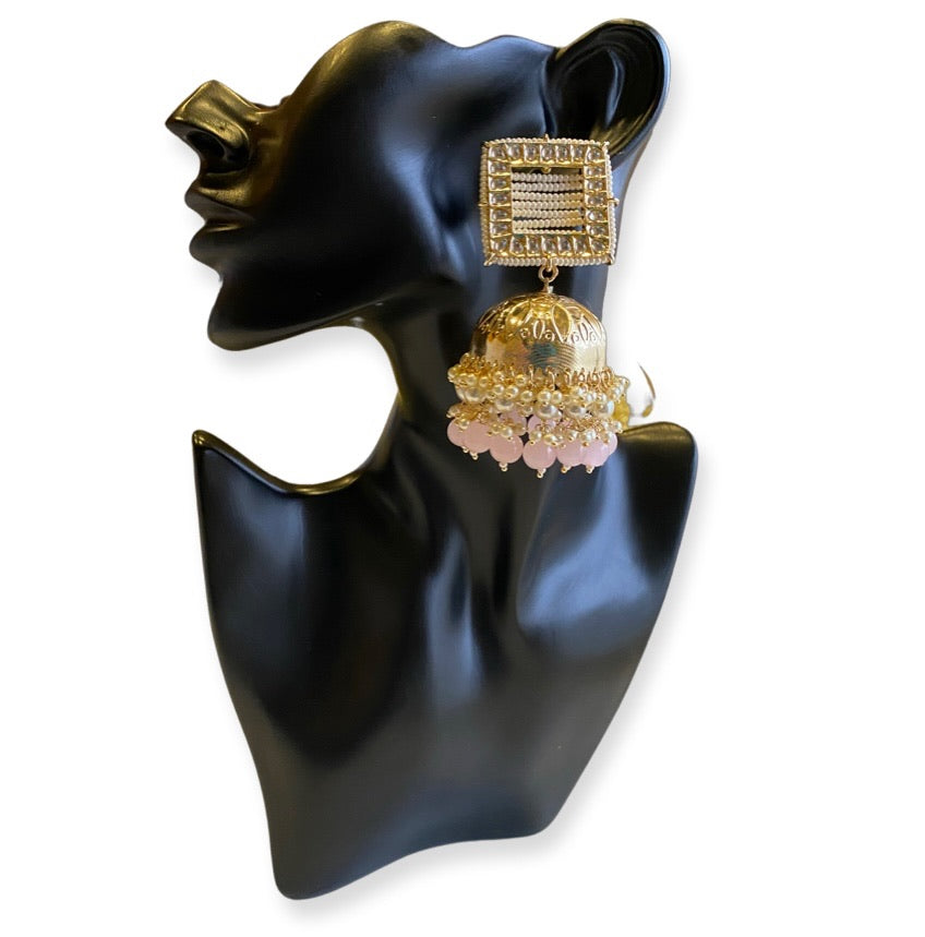 Moti Square Net Big Jhumkas - Light Pink