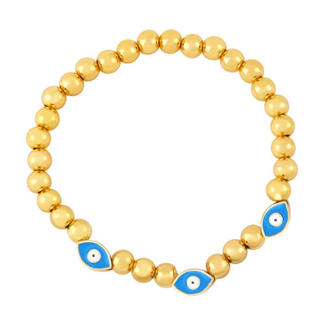 Destiny Gold Beads And Stone Evil Eye Stretch Bracelet Aqua Blue