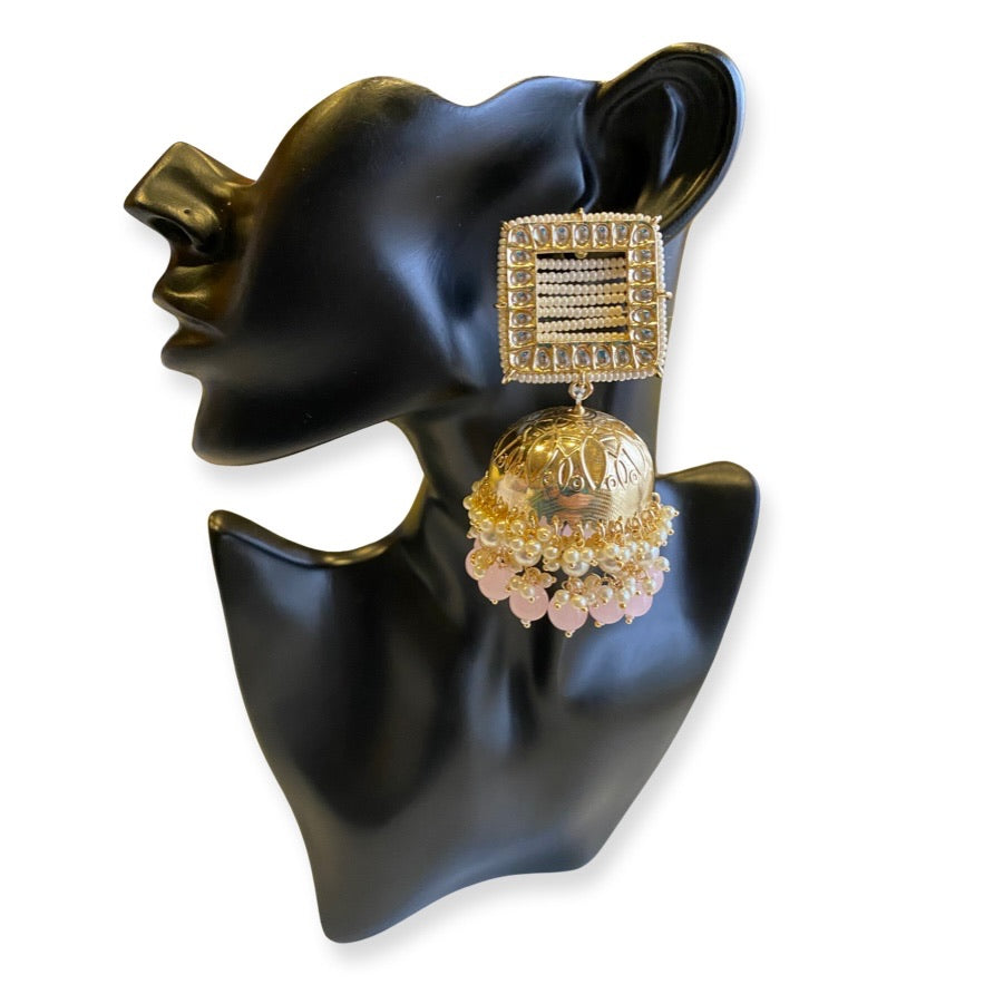 Moti Square Net Big Jhumkas - Light Pink