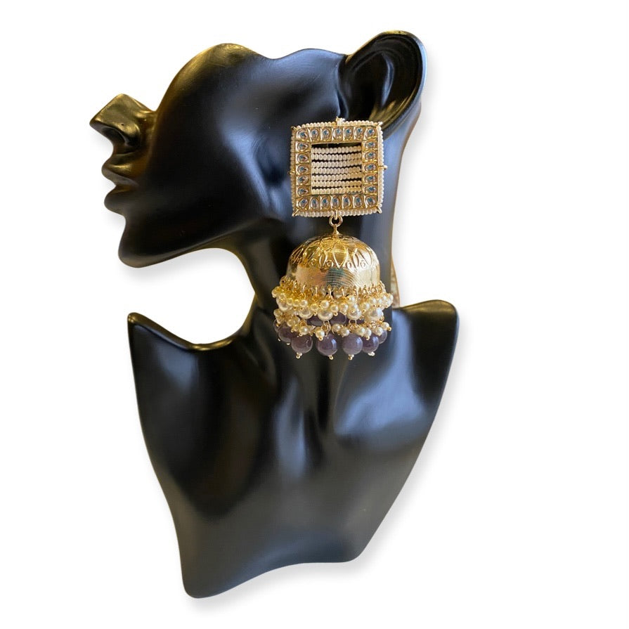 Moti Square Net Big Jhumkas - Grey