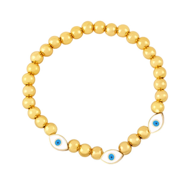Destiny Gold Beads And Stone Evil Eye Stretch Bracelet White