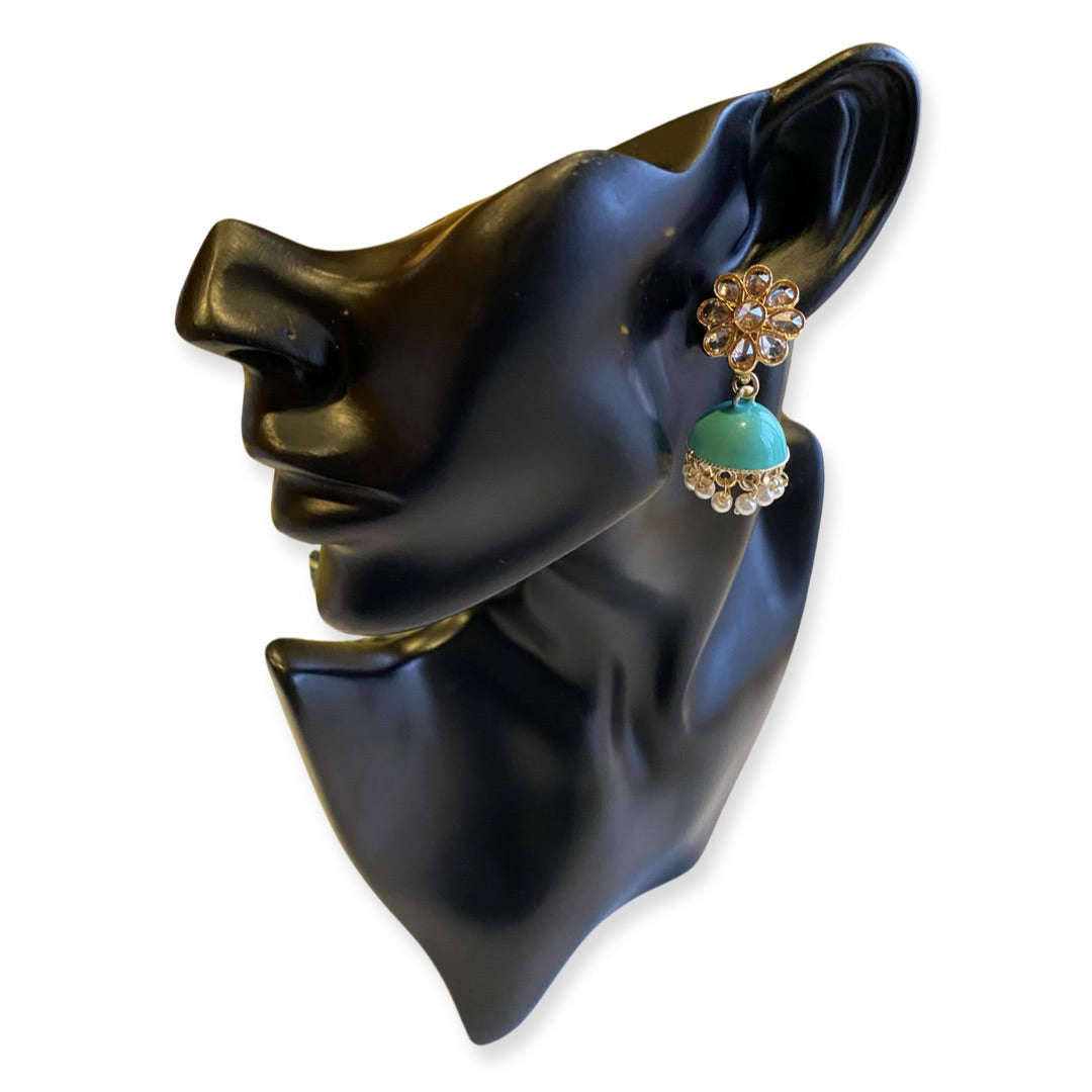 Flora Enamel, Stone & Pearls Small Jhumka Earrings - Turquoise