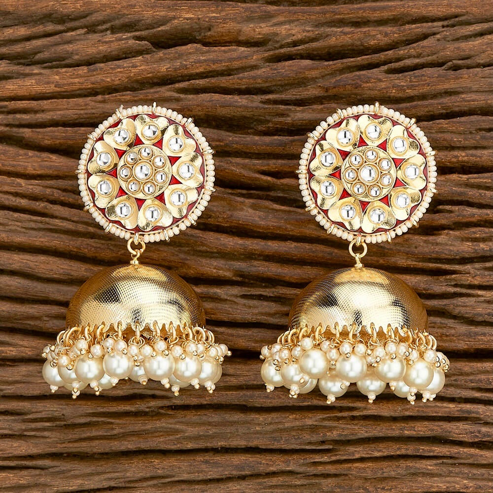 Chakra Enamel, Cutwork & Pearl Jhumka Earrings - Red