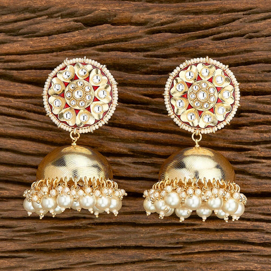 Chakra Enamel, Cutwork & Pearl Jhumka Earrings - Red